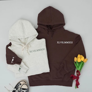 Personalized Roman Numeral With Initial Heart Hoddie, Custom Matching Couple Roman Numeral Sweatshirt, Custom on Sleeve, Gift for Couple