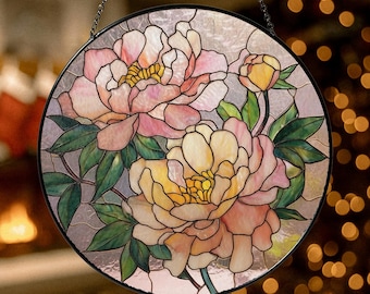 Peony Acrylic Suncatcher | Vintage Floral Stained Glass Window Hanging | Handcrafted Pink Yellow Flower Panel | Cottagecore Home Decor Gift