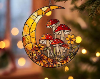 Mushroom Crescent Moon Acrylic Suncatcher,Mushroom Acrylic Window Hanging, Fairycore Cottagecore Mushroom and Flower Room Decor Gift