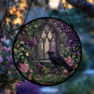 Gothic Garten Rabe Suncatcher, Faux Glasmalerei Halloween Krähe auf Lampe, Halloween Dekor für Dark Academia Home, Krähe Ornament, Home Decor
