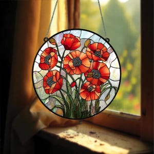Poppy Flowers Suncatcher, Stained Glass Plant Home Decor, Window Hanging, Artistic Poppy Suncatcher, Memory Day, Poppy Suncatcher Ornament.