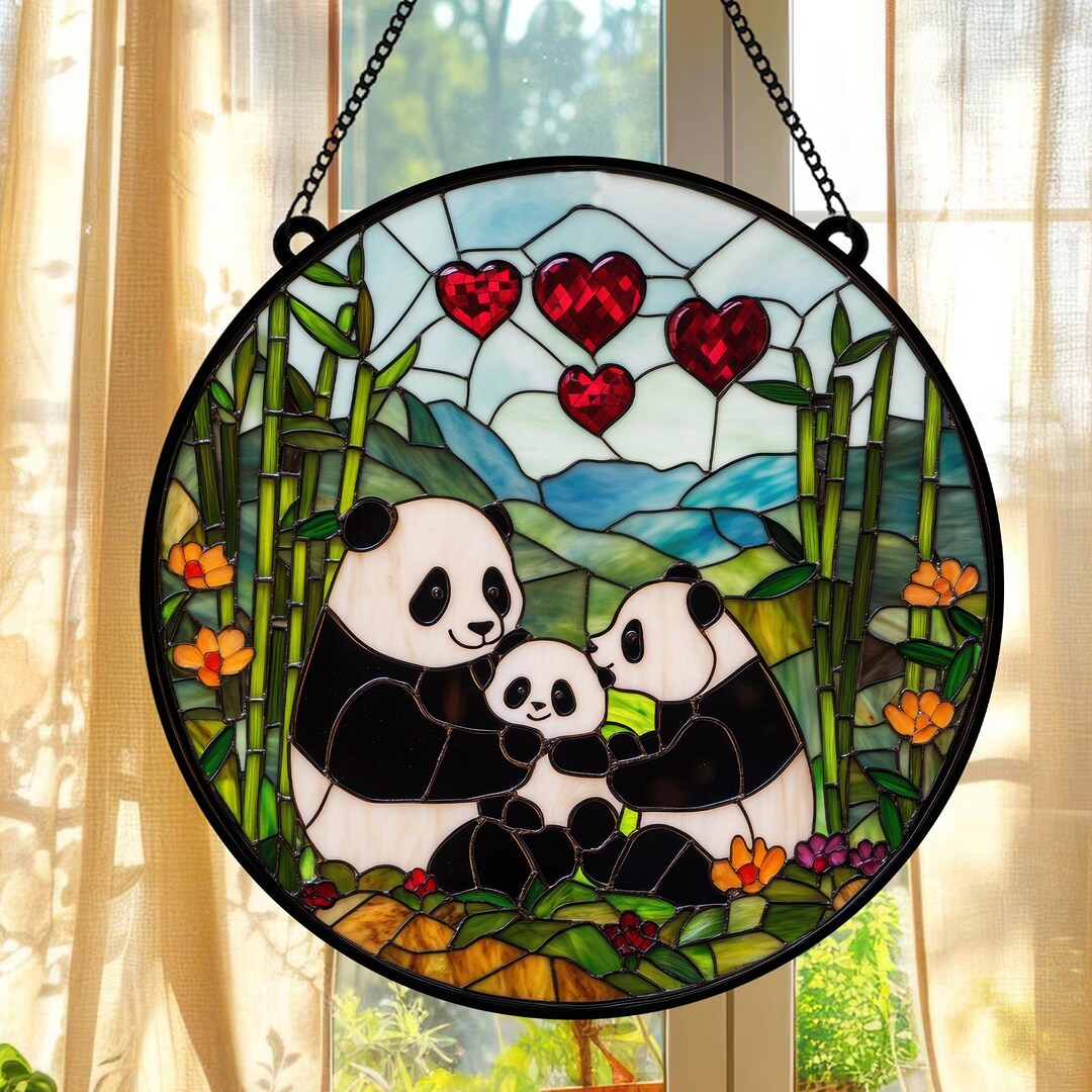 Panda Family Stained Glass Suncatcher, Cute Panda Acrylic Window Art ...