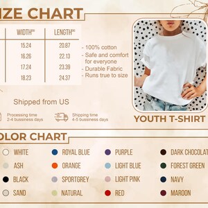 Pode incluir: T-shirt branco juvenil com tabelas de tamanhos e cores. A tabela de tamanhos mostra medidas em cm, variando de 38,7 cm de largura e 53 cm de comprimento a 46,3 cm de largura e 61,9 cm de comprimento. As op&ccedil;&otilde;es de cores incluem branco, preto e vermelho.