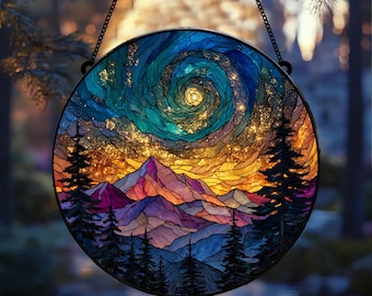 Northern Lights Aurora Suncatcher, Forest Aurora Acrylic Suncatcher, Handcrafted Northern Lights Decor, Gift for Nature,Starry mountain Gift