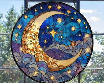 Moon and Star Suncatcher, Celestial Night Sky Ornament, Night Court City Of Star Light Suncatcher, Handmade Unique Mothers Day Gift