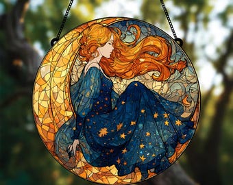 Attrape-soleil en vitrail déesse lune, attrape-soleil lune de conte de fées, acrylique déesse lune, attrape-soleil pour décoration de fenêtre ou de jardin attrape-soleil