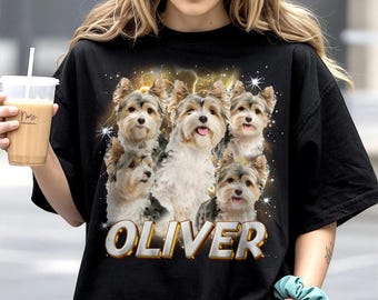 Aangepast vintage shirt voor huisdier, aangepast shirt hond bootleg rap, retro jaren 90 grafisch T-shirt, kleding hondenliefhebber, aangepast shirt huisdier gezicht ontwerp, T-shirt cadeau