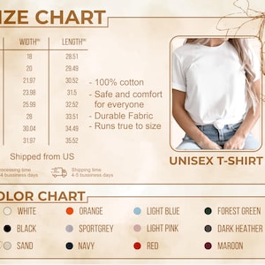 Pode incluir: Tabela de tamanhos para uma camiseta unissex, com medidas em cm para os tamanhos S a 5XL. A tabela inclui dimens&otilde;es de largura e comprimento. Uma paleta de cores exibe op&ccedil;&otilde;es como branco, preto, laranja e marinho. A camiseta &eacute; feita de 100% algod&atilde;o.