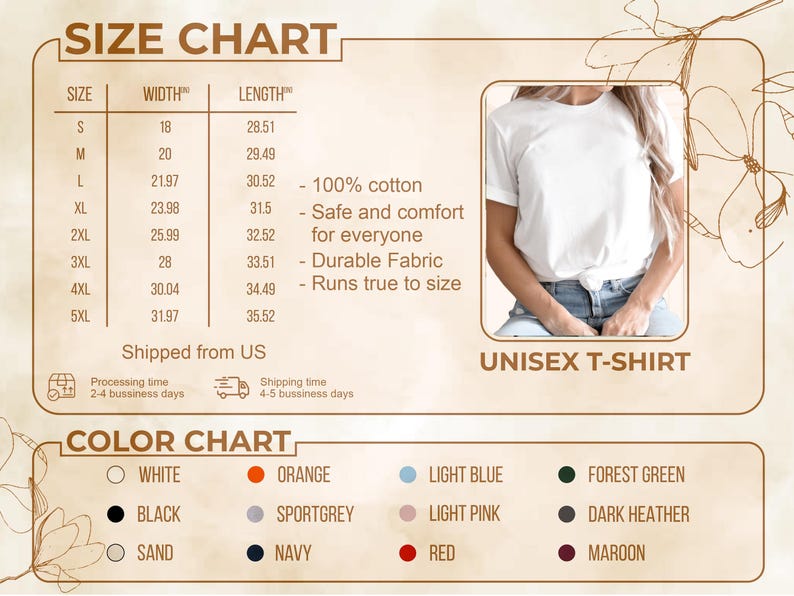 Pode incluir: Tabela de tamanhos para uma camiseta unissex, com medidas em cm para os tamanhos S a 5XL. A tabela inclui dimens&otilde;es de largura e comprimento. Uma paleta de cores exibe op&ccedil;&otilde;es como branco, preto, laranja e marinho. A camiseta &eacute; feita de 100% algod&atilde;o.
