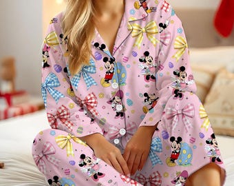 Easter Mickey Minnie Pajama Set, Cute Bunny Spring PJs for Women Kids, Cartoon Easter Sleepwear, Long Short Sleeve Pastel Holiday PJs