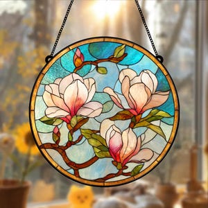 Magnolie Sonnenfänger, Magnolie Sonnenfänger, Elegante Rosa Blüte Fenster Kunst, Blumendekor für Frauen, Mama Geschenk
