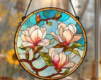 Attrape-soleil fleur de magnolia, attrape-soleil fleur de magnolia, art de fenêtre élégant fleur rose, décoration florale pour femme, cadeau maman