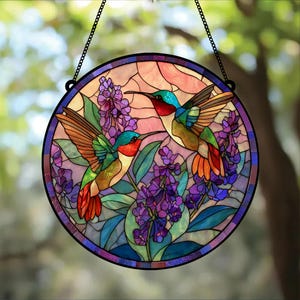 Hummingbirds And Lavender Flowers Suncatcher, Birds Suncatcher, Wall Hanging Ornament, Mothers Day Gift, Glass Sun Catcher, Window Hanging