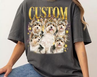 Aangepast rapshirt hond bootleg, aangepast vintage shirt voor huisdier, retro jaren 90 grafisch T-shirt, kleding hondenliefhebber, aangepast shirt huisdier gezicht ontwerp, T-shirt cadeau