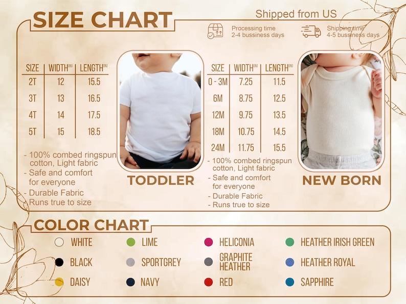 Pode incluir: Tabela de tamanhos para roupas de crian&ccedil;a e rec&eacute;m-nascido, com medidas em cm. Inclui uma tabela de cores com op&ccedil;&otilde;es como branco, preto e margarida. A tabela tamb&eacute;m detalha informa&ccedil;&otilde;es sobre tecido e tamanhos.