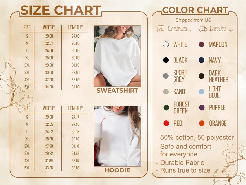 Pode incluir: Tabela de tamanhos e cores para camisolas e hoodies. A tabela de tamanhos inclui medidas em cm para largura e comprimento, de S a 5XL. A tabela de cores mostra as cores dispon&iacute;veis.