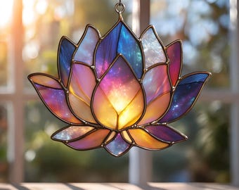 Galaxy Lotus Flower Acrylic Suncatcher, Faux Stained Glass Window Hanging, Cosmic Boho Lotus Ornament, Spiritual Home Garden Decor Gift