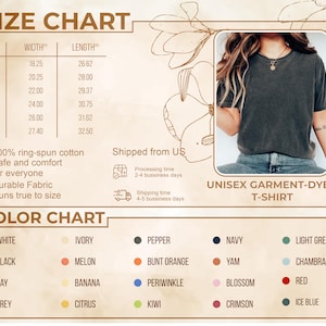 Pode incluir: Tabela de tamanhos e tabela de cores para uma camiseta unissex tingida em pe&ccedil;a. A tabela de tamanhos mostra medidas em polegadas para os tamanhos S a 3XL. A tabela de cores exibe v&aacute;rias cores, incluindo preto, azul marinho e vermelho.