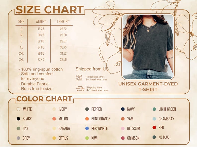 Pode incluir: Tabela de tamanhos e tabela de cores para uma camiseta unissex tingida em pe&ccedil;a. A tabela de tamanhos mostra medidas em polegadas para os tamanhos S a 3XL. A tabela de cores exibe v&aacute;rias cores, incluindo preto, azul marinho e vermelho.