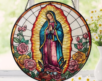 Virgin Mary Suncatcher: Religious Window Hanging, Spiritual Home Decor, Handcrafted Saint Window Art, Lady of Guadalupe Suncatcher