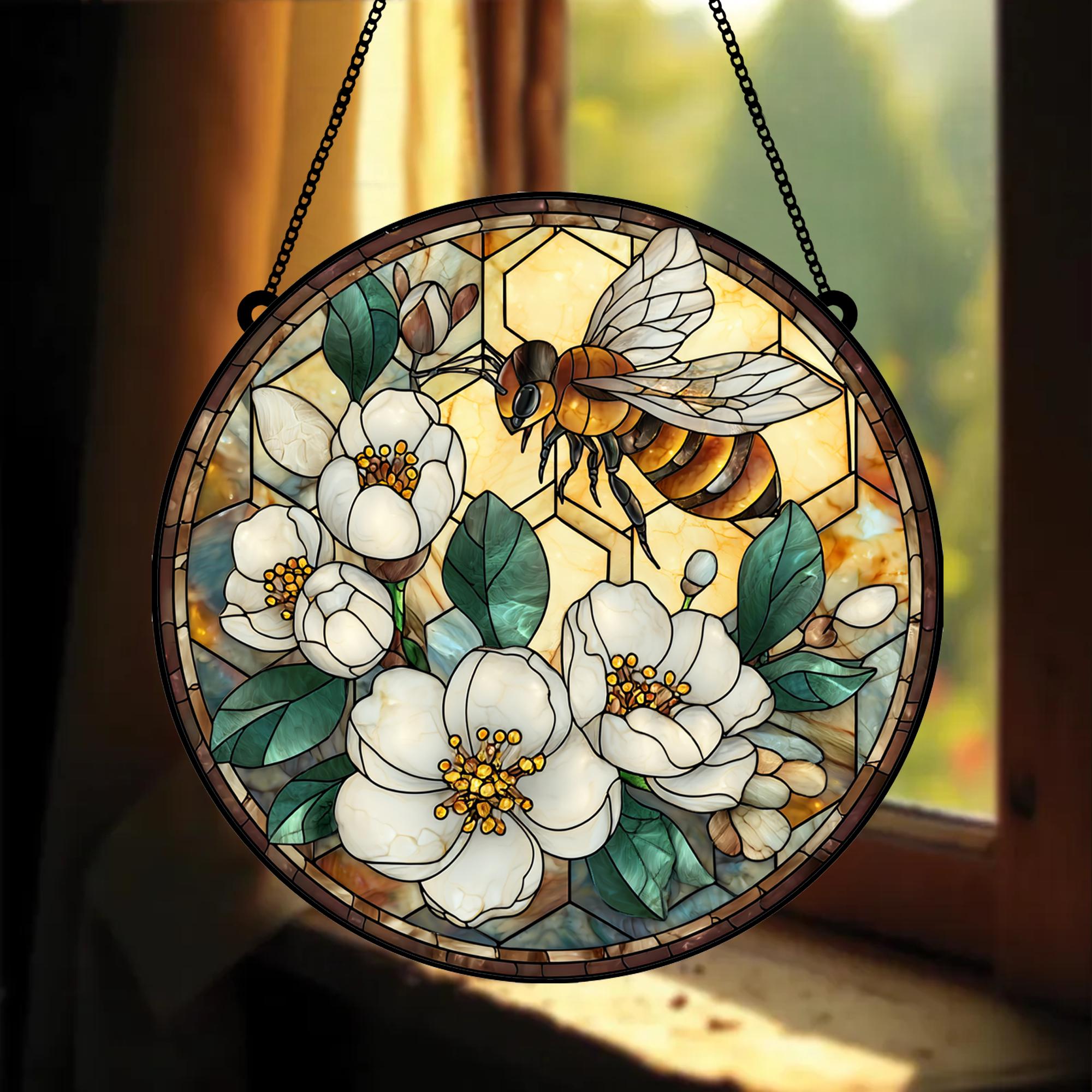 Handgefertigter Buntglas-Fensterbehang Sonnenblume Mit Biene – Farbenfroher Sonnenfänger Für Fenster