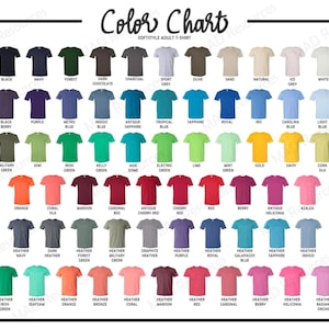 Pode incluir: Tabela de cores de camisetas Softstyle para adultos, mostrando uma variedade de cores, incluindo preto, azul marinho, verde floresta e carv&atilde;o. A tabela exibe uma ampla gama de tons, do azul claro ao vermelho escuro, com nomes como "Antique Sapphire" e "Heather Navy".