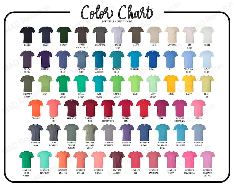 Pode incluir: Tabela de cores de camisetas Softstyle para adultos, mostrando uma variedade de cores, incluindo preto, azul marinho, verde floresta e carv&atilde;o. A tabela exibe uma ampla gama de tons, do azul claro ao vermelho escuro, com nomes como "Antique Sapphire" e "Heather Navy".
