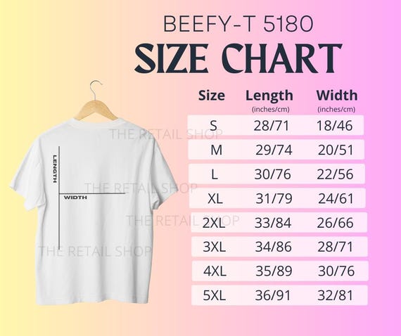 Hanes Beefy-t 5180 Size Chart - Etsy