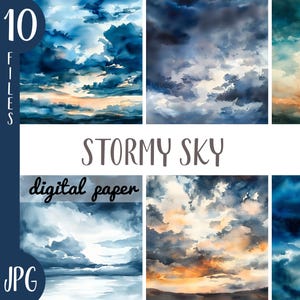 Watercolor Stormy Sky Clipart: Dark Clouds Digital Paper (JPG)