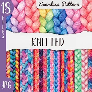 May include: A vibrant digital art piece showcasing a seamless knitted pattern in a spectrum of colors. The word "KNITTED" is displayed prominently. The image includes 18 files in JPG format, perfect for various creative projects.