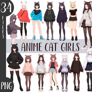 Anime cat girls clipart - neko characters illustration, cute kawaii teens with ears PNG - Japanese-style graphic - cartoon girls sublimation