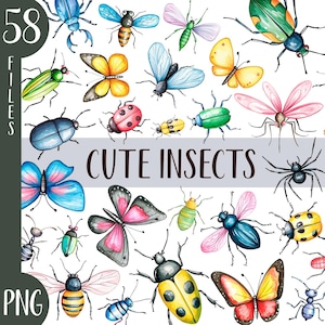 Lindos insectos de acuarela - imágenes prediseñadas de insectos divertidos - ilustración de personajes de dibujos animados - estampado de mariposa - gráfico de mariquita, abeja y hormiga