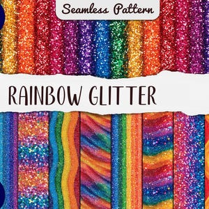 May include: A digital design featuring a rainbow glitter pattern. The image includes the text "Rainbow Glitter" and "Seamless Pattern". The design also includes the text "16 FILES" and "JPG". The glitter is in vertical stripes.