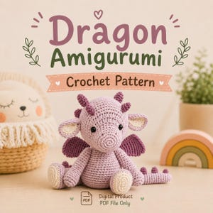 Könnte beinhalten: Ein gehäkelter lila Drachen-Amigurumi mit dunkelvioletten Flügeln und Akzenten. Das Bild enthält den Text "Dragon Amigurumi Crochet Pattern" und ein PDF-Symbol. Weitere Elemente im Bild sind ein Stofftier und ein Regenbogen.