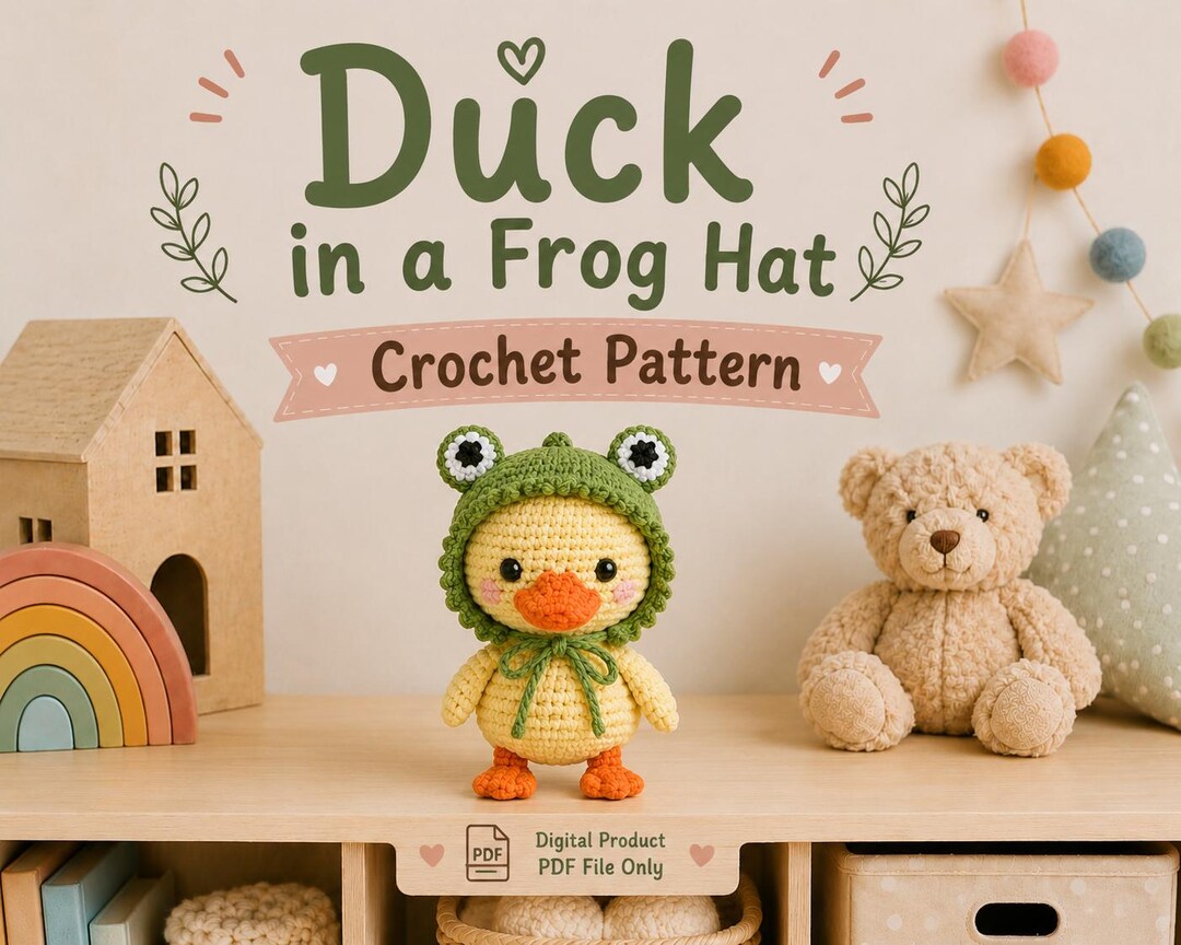 Duck in Frog Hat Crochet Pattern PDF - Cute Amigurumi Plush, Cute Duck ...