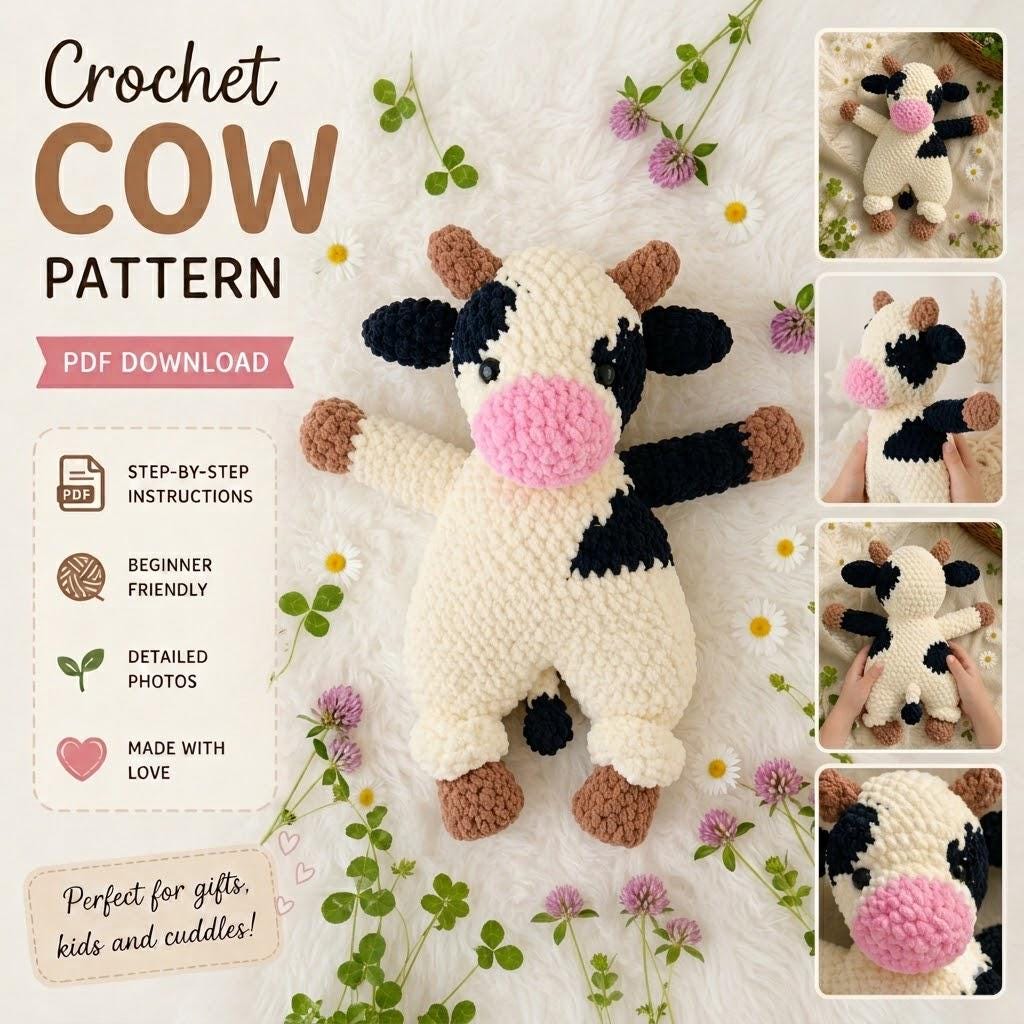 30 Adorable Cow Plush Crochet Patterns for Farmhouse Decor, Gifts, and Cozy Displays 31 Cow Lovey Crochet Pattern PDF