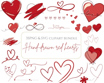Paquete de imágenes prediseñadas de corazones rojos minimalistas: garabatos de amor escritos a mano, iconos de corazones adorables, archivos SVG y PNG de corte de amor para San Valentín