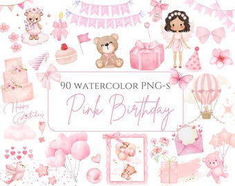 Paquete de imágenes prediseñadas de cumpleaños rosa: Baby Shower en acuarela PNG, decoración para fiesta de cumpleaños de niña, imágenes prediseñadas para guardería de niña, conjunto de imágenes prediseñadas para niña bebé