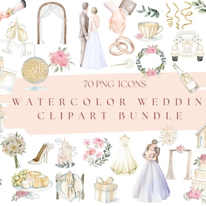 Paquete de imágenes prediseñadas de boda en acuarela: iconos de boda vintage, anillos florales para novios, pasteles, ilustraciones románticas pintadas a mano para invitaciones.