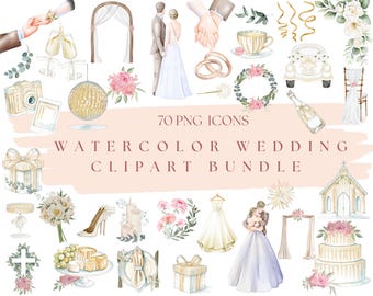 Paquete de imágenes prediseñadas de boda en acuarela: iconos de boda vintage, anillos florales para novios, pasteles, ilustraciones románticas pintadas a mano para invitaciones.