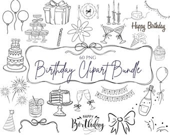 Clipart de cumpleaños, ilustraciones de cumpleaños caprichosas dibujadas a mano, clipart de feliz cumpleaños, clipart de fiesta de cumpleaños PNG para tarjetas, invitaciones, letreros