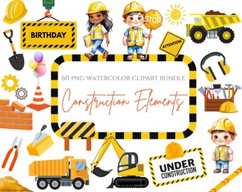 Paquete de imágenes prediseñadas de vehículos de construcción para cumpleaños infantiles, invitaciones, arte mural para guardería, excavadora, grúa y camión volquete para decoración de fiestas, fiesta de cumpleaños de niño