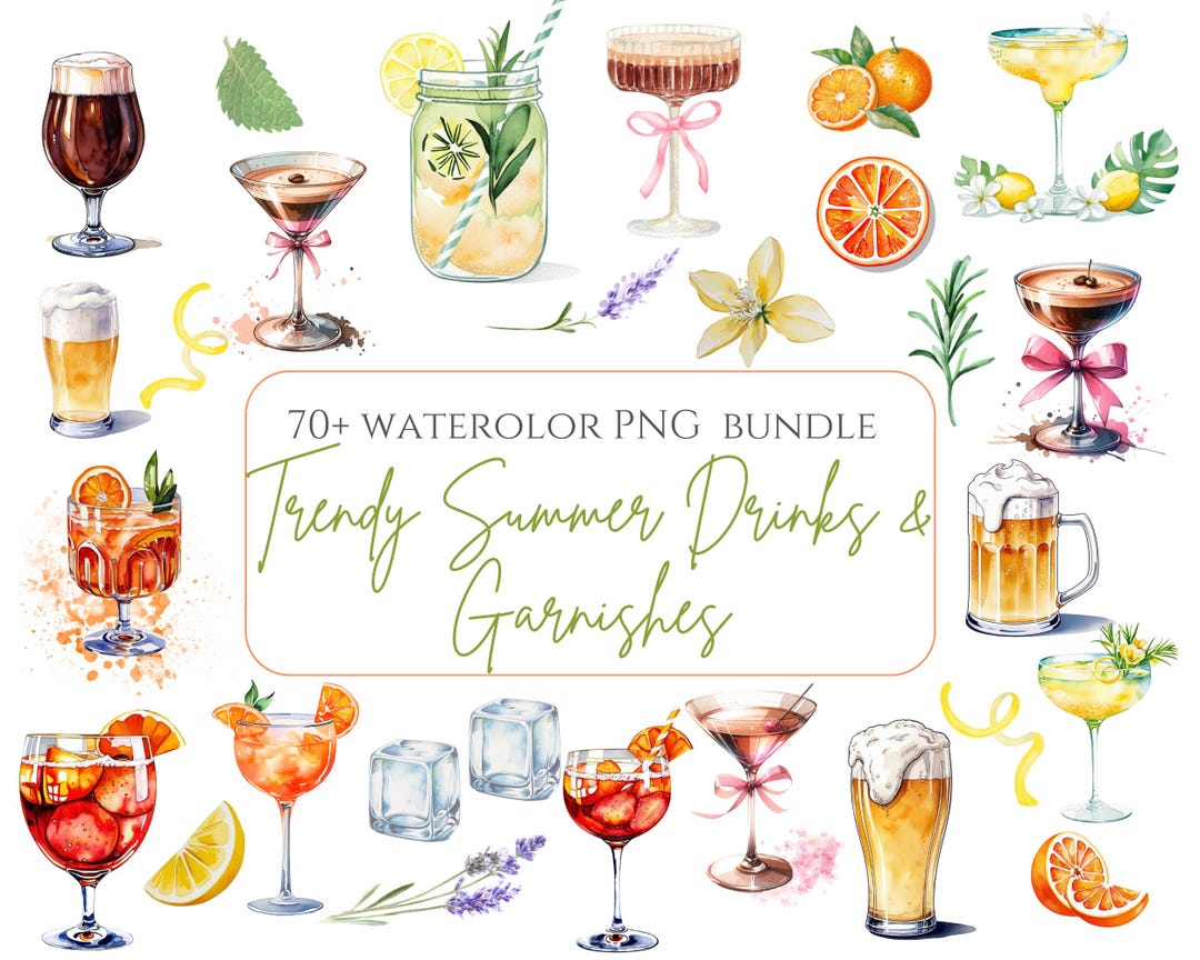 Watercolor Cocktail Clipart Bundle Watercolor Trendy Summer Drinks ...