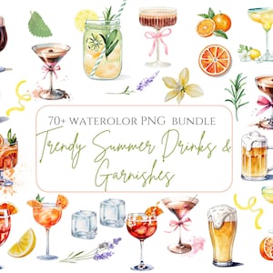 Paquete de imágenes prediseñadas de cócteles: acuarela, bebidas de verano de moda, Aperol Spritz, Limoncello, cerveza, espresso Martini, PNG, imágenes prediseñadas de fiesta de verano, guarniciones