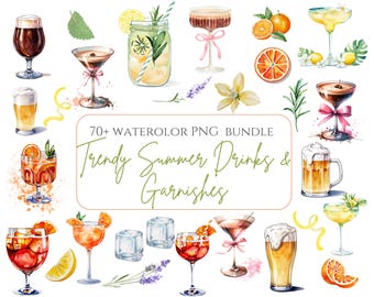 Op de afbeelding: Waterverf illustraties van zomerse drankjes en garnituren. De illustraties omvatten cocktails, bier, limonade en fruitschijfjes. De tekst "70+ WATERCOLOR PNG BUNDLE Trendy Summer Drinks & Garnishes" is opgenomen in de afbeelding.