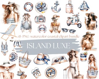Clipart de playa náutica costera de acuarela, vacaciones de verano vintage PNG, paquete de clipart de serenidad costera azul, clipart náutico de tiempo de playa png