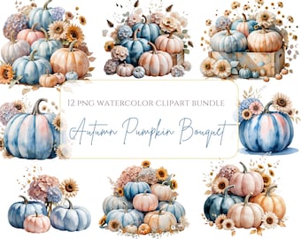 Clipart de calabaza de acuarela, ramo de otoño, calabaza pastel, acuarela, clipart, conjunto de calabazas y flores de otoño, clipart, descarga instantánea