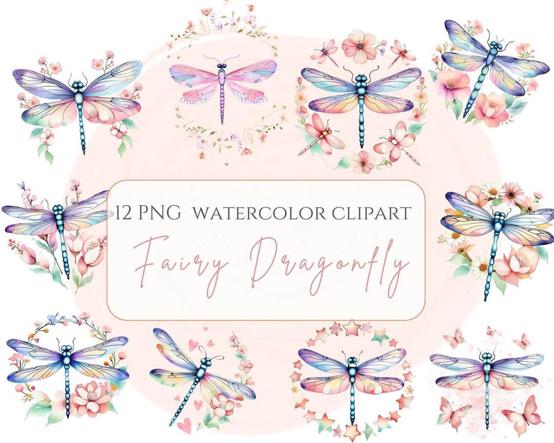 Fairy Dragonfly Clipart PNG Bundle Pastel Watercolor Insects and ...