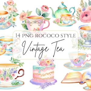 Acquerello Vintage Tea Time Clipart Pastello Tazza da tè Clipart Rococò Teiera Boho Teatime Fiore Tazza da tè PNG Download immediato Retro Tea Party