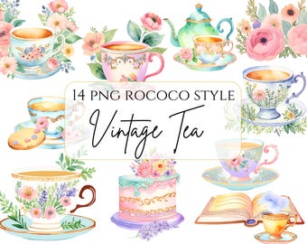 Watercolor Vintage Tea Time Clipart Pastel Tea Cup Clipart Rococo Tea Pot Boho Teatime Flower Teacup PNG Instant Download Retro Tea Party